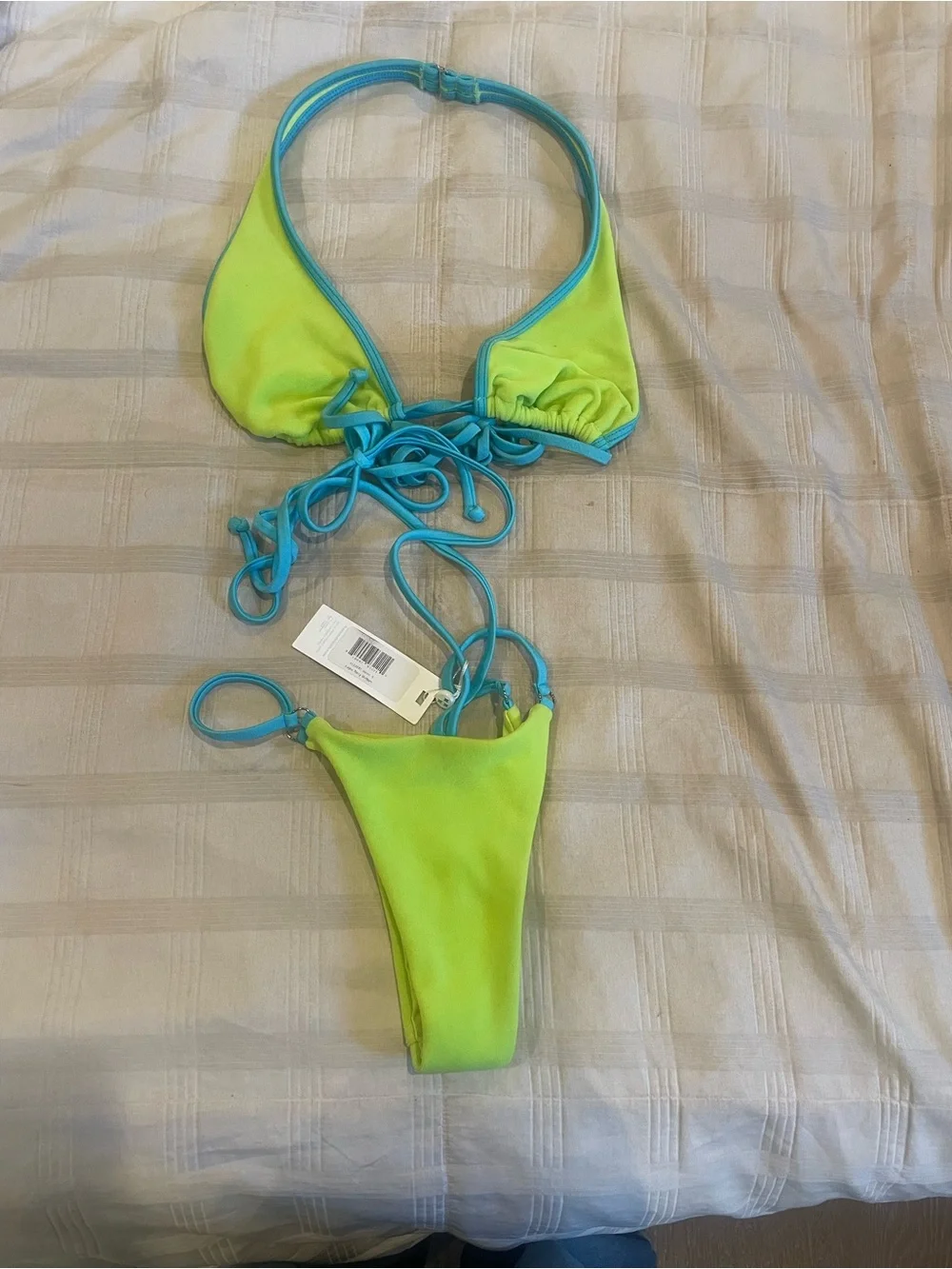 Frankie's Bikinis Lime Green Triangle Halter with Aqua Trim - set